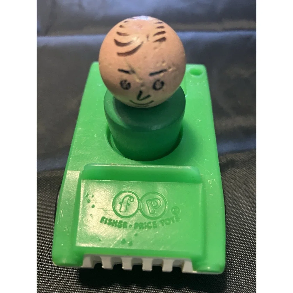 1960s Vintage Fisher Price Little People Green Wood Dad Bald With Car Vehicle